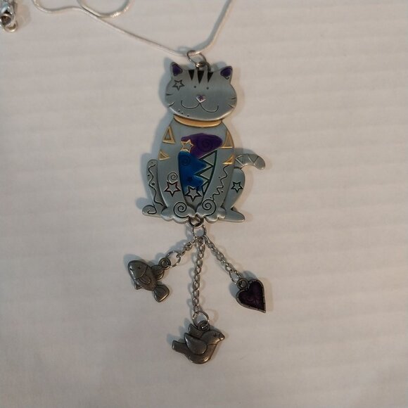Enamel Cat Pendant Necklace With Charms Silver Tone - Picture 1 of 4